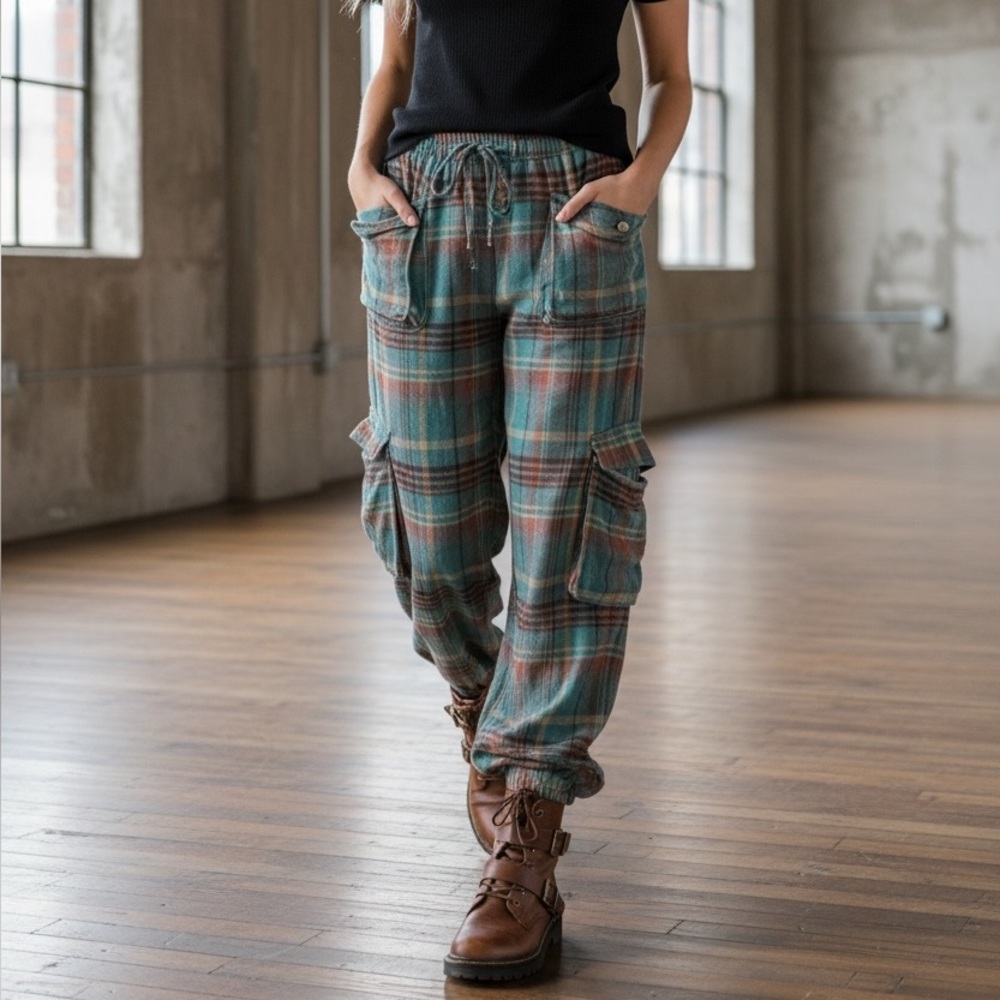 Plush Plaid Cargo Jogger Pants - Teal Plaid - Picture 4 of 6